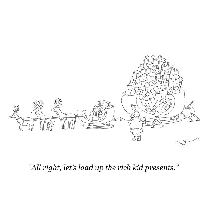 A comic of Santa with overloaded sleigh, captioned humor about rich kid presents, drawn by a comic artist.