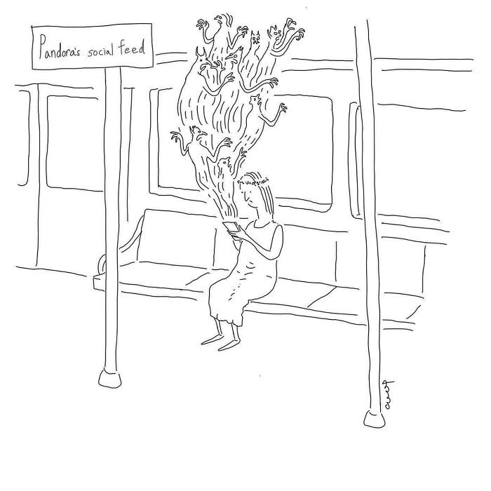 A woman on a bench checking her phone with mythical creatures emerging titled "Pandora's social feed," illustrating everyday hilarity.