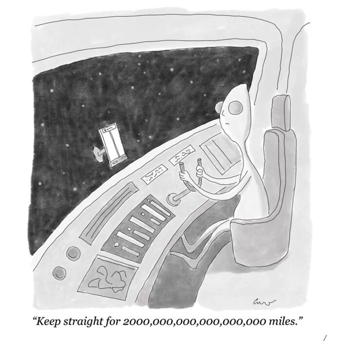 Alien in spacecraft navigating space with GPS, showcasing hilarious comic art.