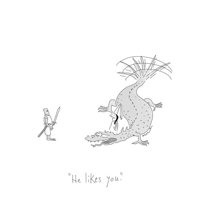 Comic of a knight facing a friendly, upside-down dragon, showcasing humor in everyday moments.