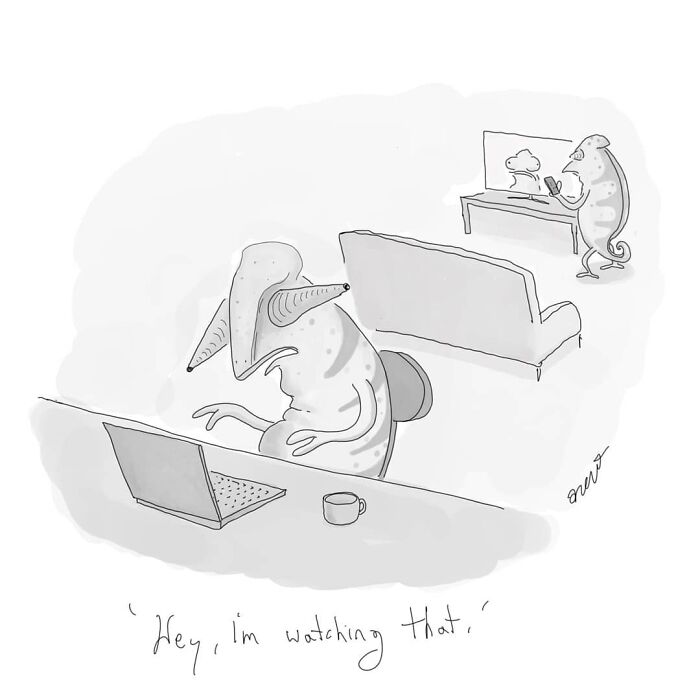Chameleon at laptop ignores another chameleon watching TV; comic highlights hilarious everyday moments.
