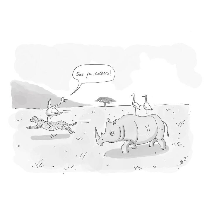 Comic art depicting animals running with a speech bubble saying "See ya, suckers!"