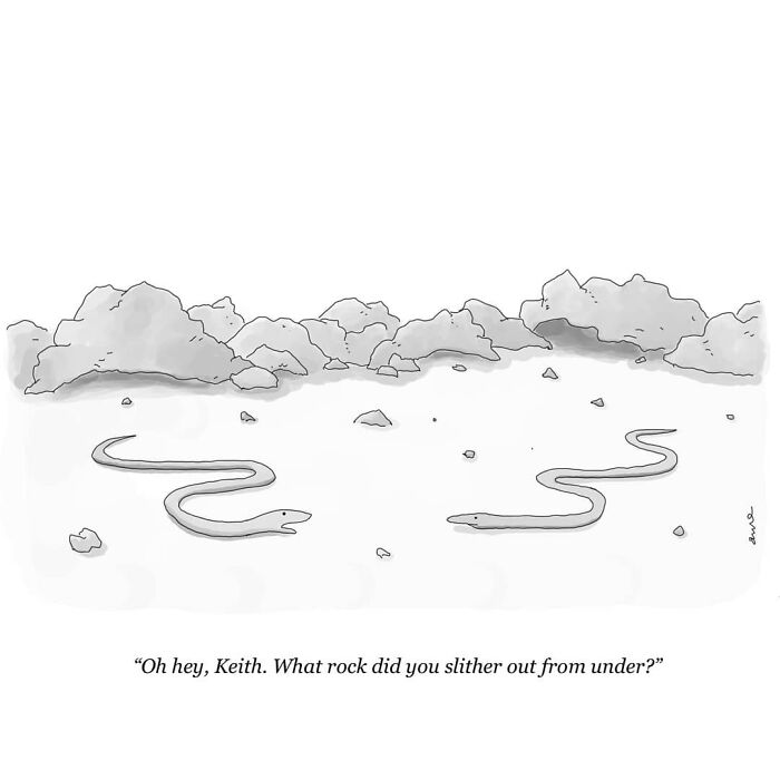 A comic of snakes joking about hiding under rocks, capturing everyday humor.