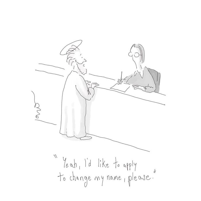 A comic artist portrays a man with a halo at a counter, humorously requesting a name change.