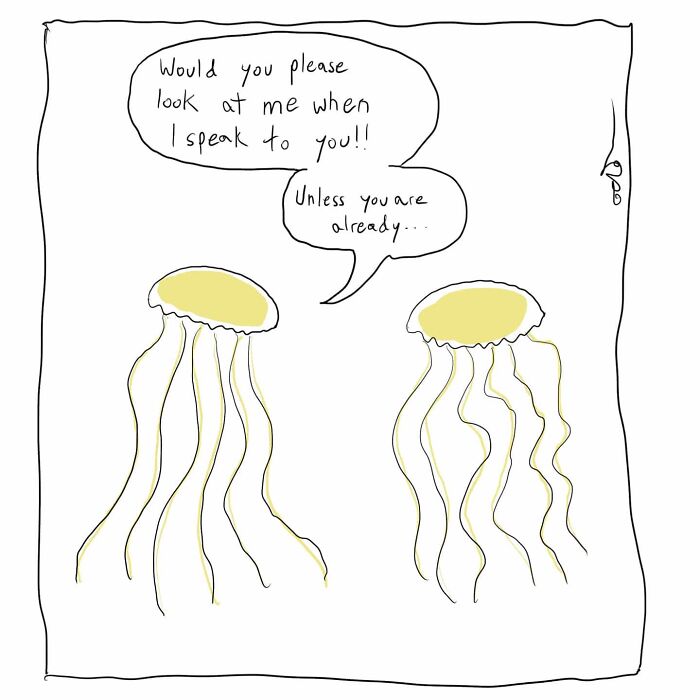 Two jellyfish with speech bubbles in a comic, capturing a humorous everyday moment.