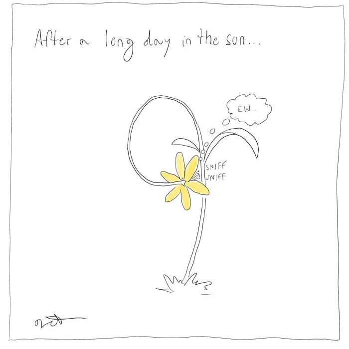 Cartoon flower sniffing itself with a thought bubble saying "EW," illustrating humorous everyday moments.