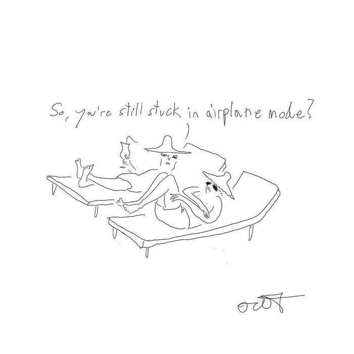 Two people lounging on chairs, with one asking if the other is "stuck in airplane mode," showcasing a humorous comic moment.