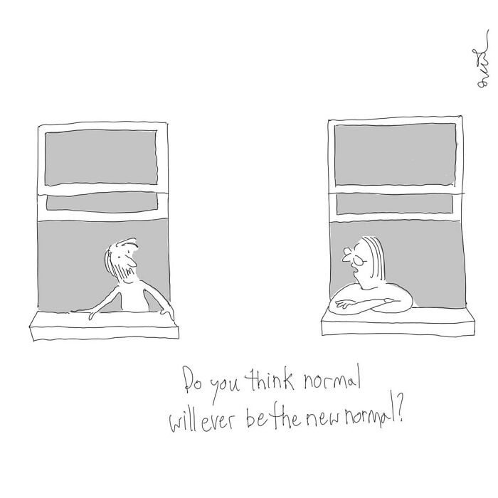 Cartoon depicting two people talking through windows, capturing everyday moments humorously.