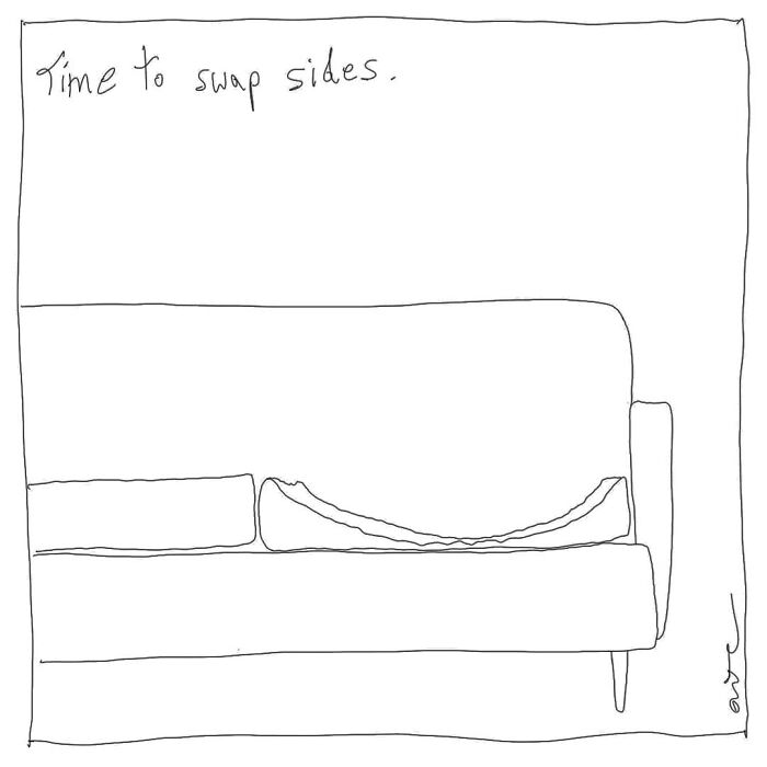 Comic illustrating everyday humor with a couch and the phrase "Time to swap sides," highlighting a relatable moment.