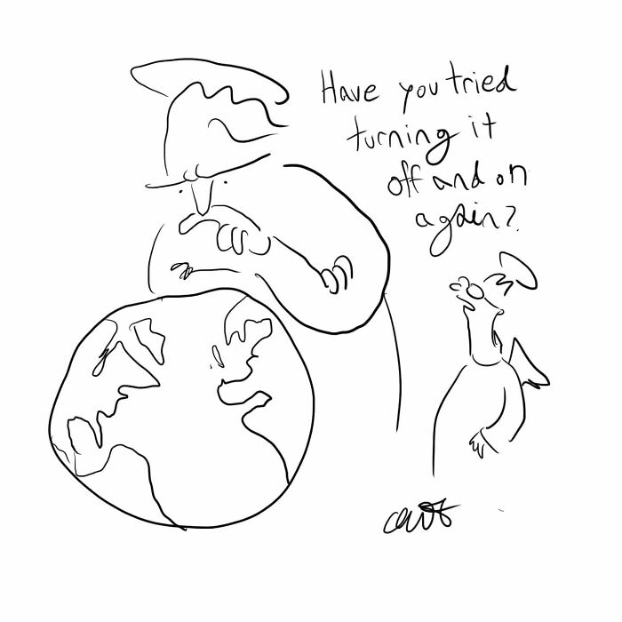 A cartoon wizard advising a figure next to a globe with the text, "Have you tried turning it off and on again?"
