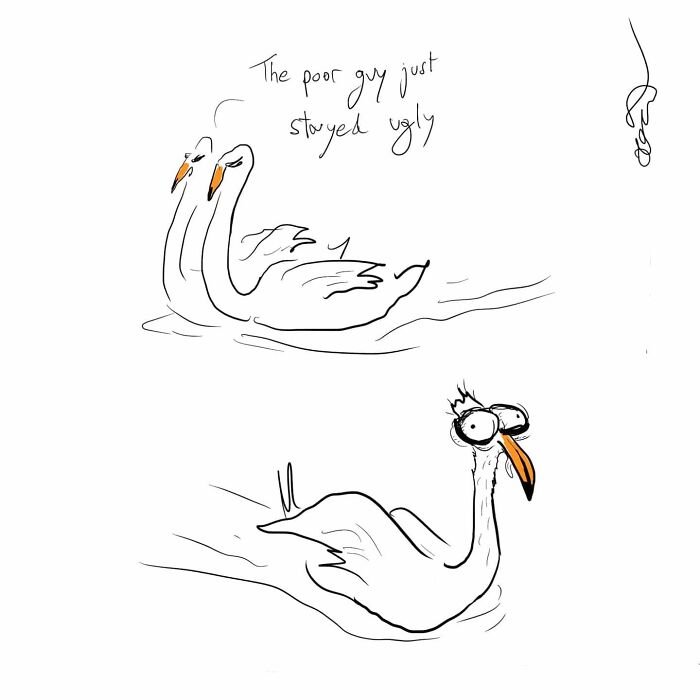 Comic by artist showing swans and a humorous looking bird, highlighting everyday moments.