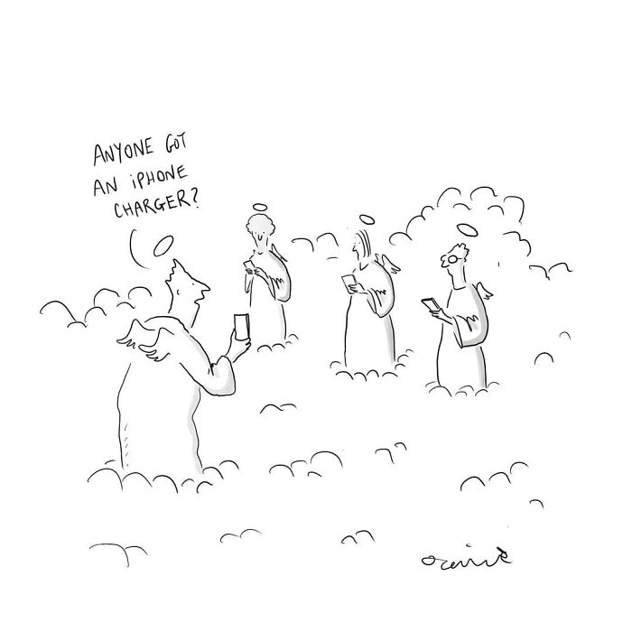 Cartoon illustrating everyday moments: angel humorously asking for an iPhone charger in the clouds.