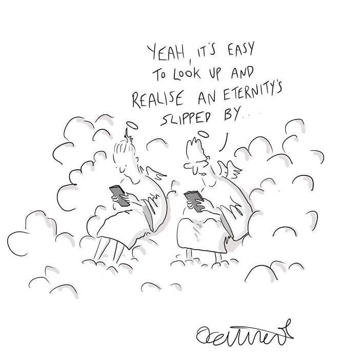 Two angels in clouds, engrossed in phones, with text humorously reflecting on time slipping by.