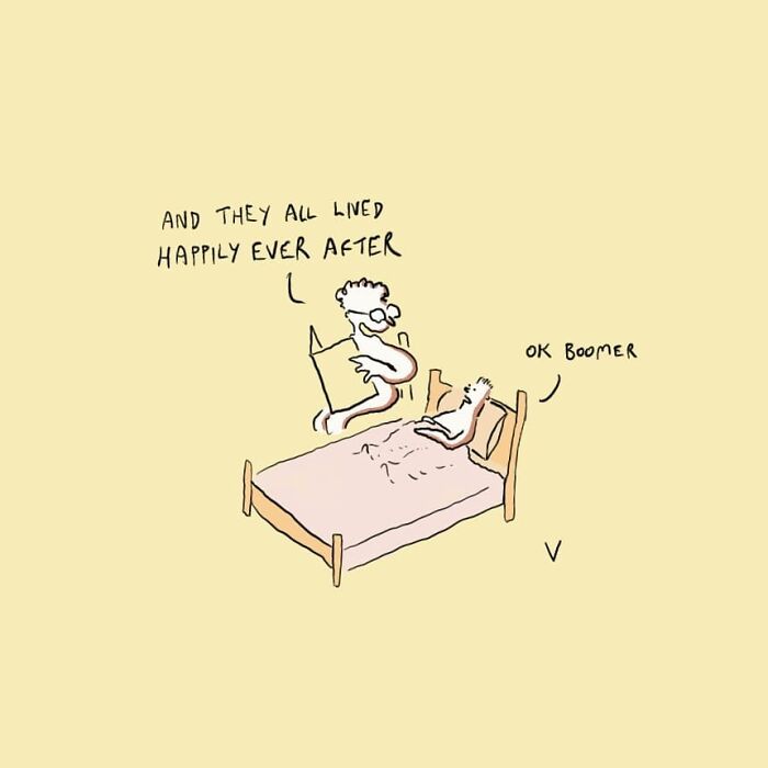 Artist's comic showcasing everyday moment with "OK Boomer" punchline in bedtime story.