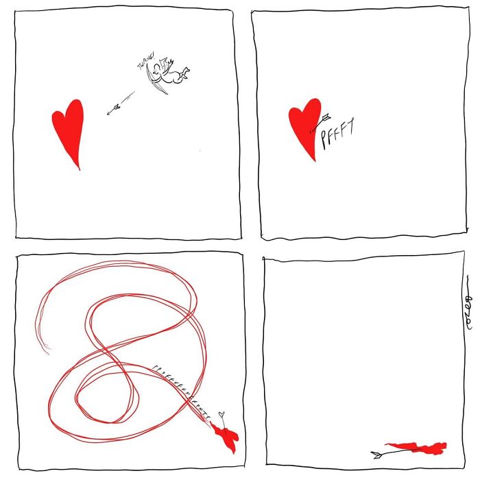 Comic artwork depicting a humorous scene with a heart pierced by an arrow and tangled lines.