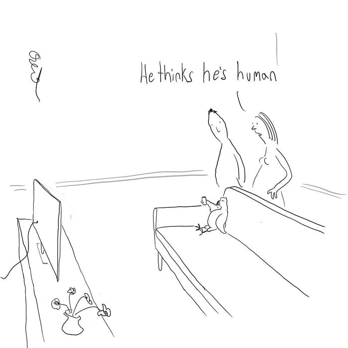 A comic featuring a pet watching TV on the couch as two people comment humorously.