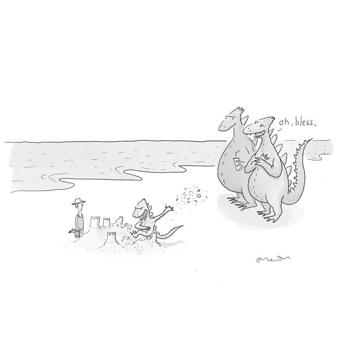 Comic of dragons watching a baby dragon kicking a sandcastle, capturing everyday moments with humor.