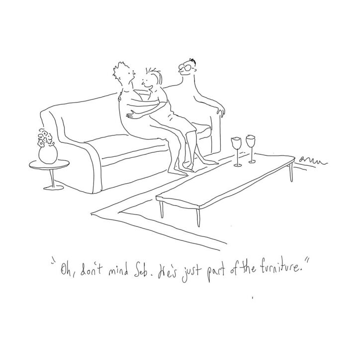 Comic by artist showing a couple on a couch with a humorous caption about someone blending into the furniture.