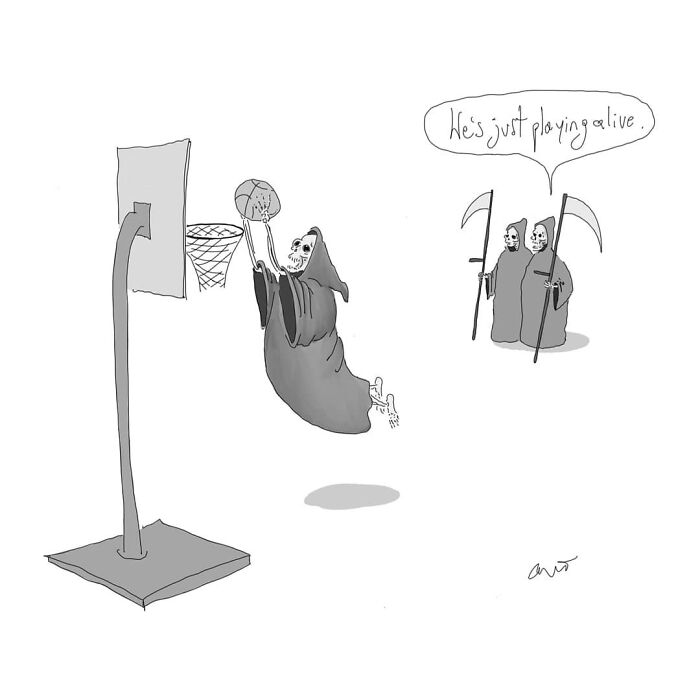 A skeleton in a robe dunks a basketball while two others watch, showcasing everyday moments in hilarious comic style.