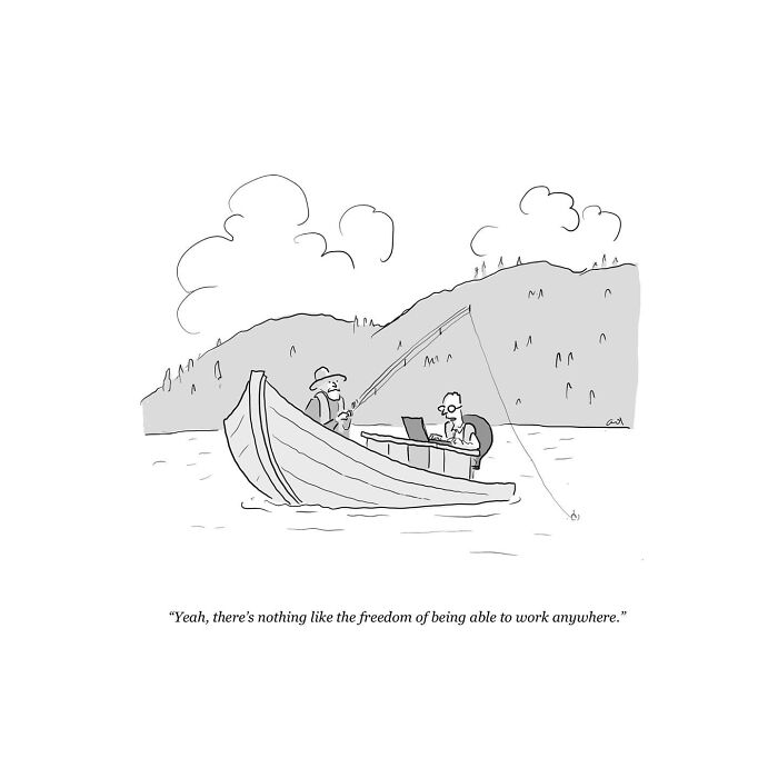 Comic of two men fishing in a boat, one using a laptop, illustrating a humorous take on remote work.