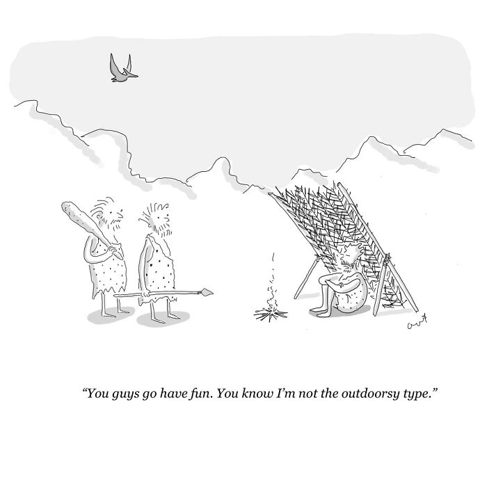 Comic of cavemen with spears, one sitting under a shelter, avoiding outdoor fun.