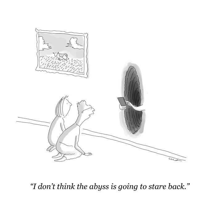 Cartoon comic of a couple looking into an abyss, with a hand holding a phone from the void, adding humor to an everyday scene.
