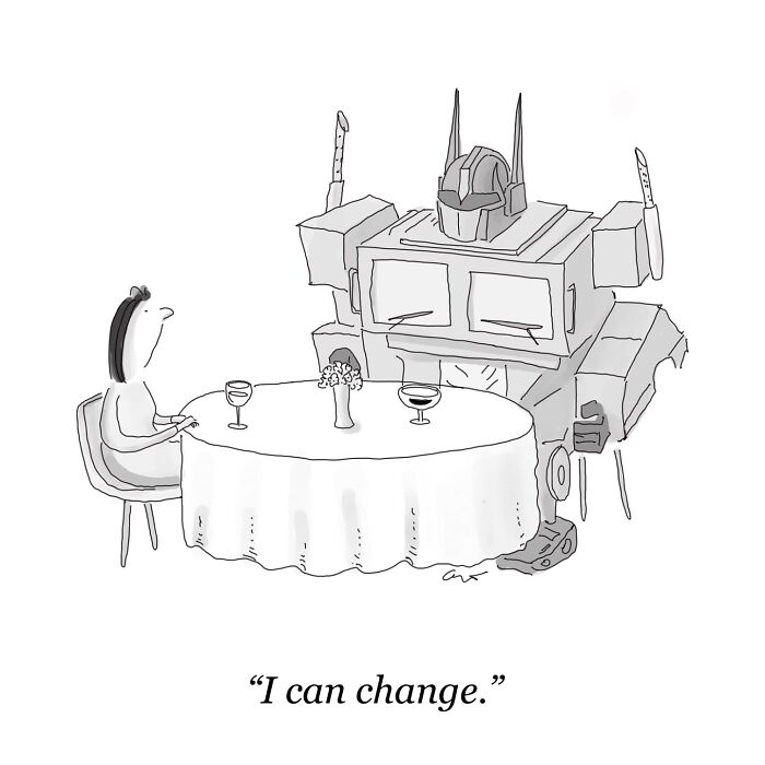 Robot and person having dinner in a comic, with robot saying, "I can change."