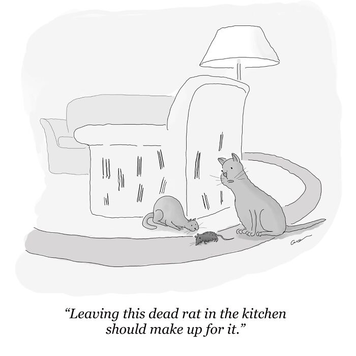 Comic of two cats with a caught rat in a living room, humorously illustrating everyday moments.