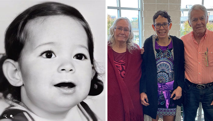 A young child in a photo next to an adult reunion with two older individuals, highlighting abducted children found decades later.