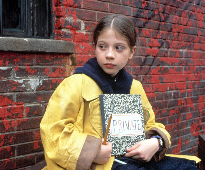 Michelle Trachtenberg in a yellow coat, holding a journal labeled "Private," against a brick wall.