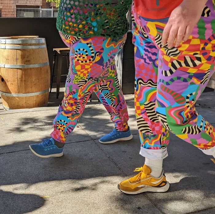 Colorful patterned pants and shoes in San Francisco, capturing the city's vibrant street style through photography.