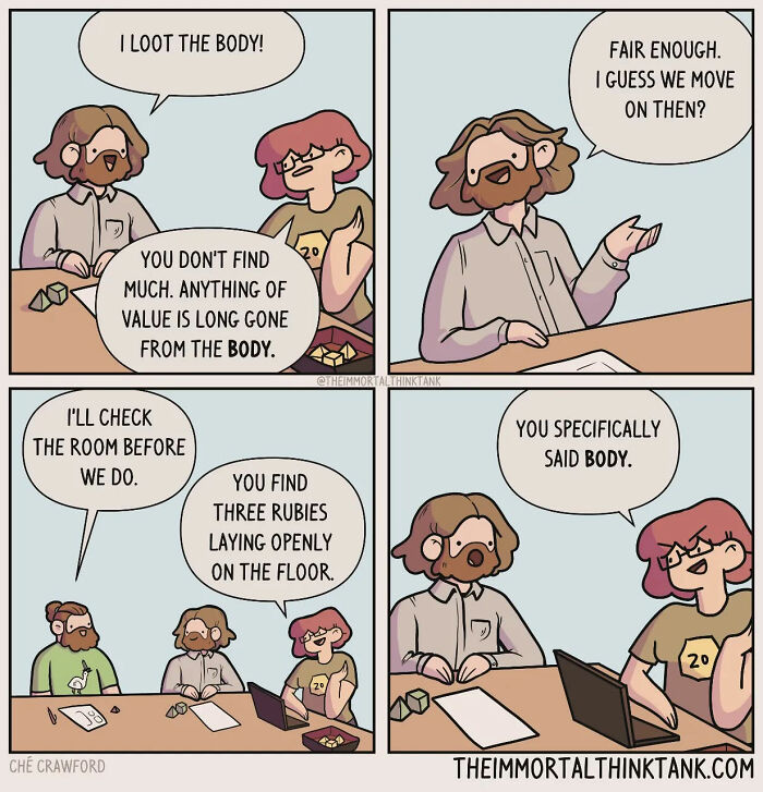Comic strip by Ché Crawford depicting a humorous fantasy gaming scene with characters discussing loot during gameplay.