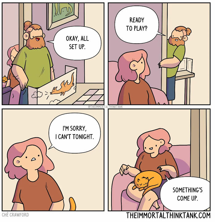 Comic by Ché Crawford showing a fantasy gaming session interrupted as a woman opts to relax with her cat instead.
