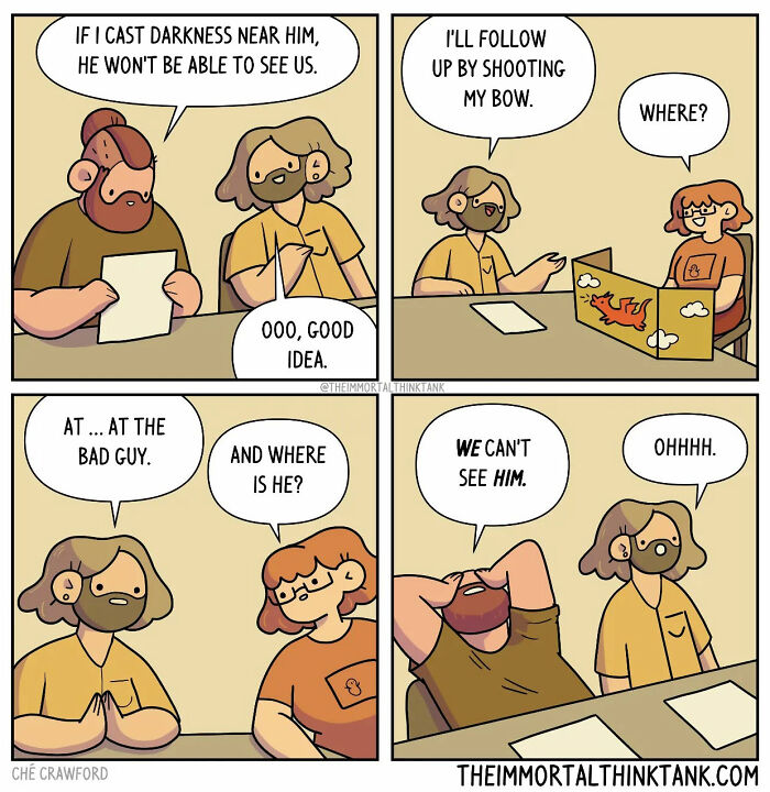 Comic by Ché Crawford humorously blending fantasy gaming and everyday life, featuring a role-playing scene discussion.