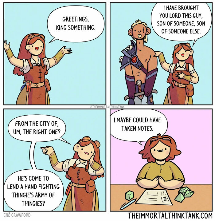 A humorous comic strip by Ché Crawford about fantasy gaming, featuring a character introducing a hero with forgetful gestures.