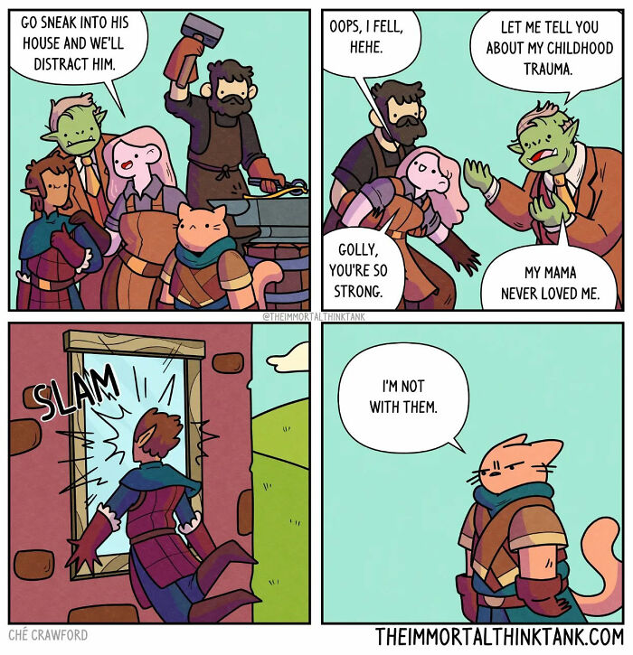 Fantasy gaming comic by Ché Crawford showing a humorous heist attempt with a character denying involvement.