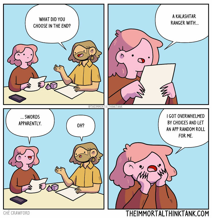 Comic by Ché Crawford about a character choosing a Kalashtar ranger in fantasy gaming, feeling overwhelmed by choices.