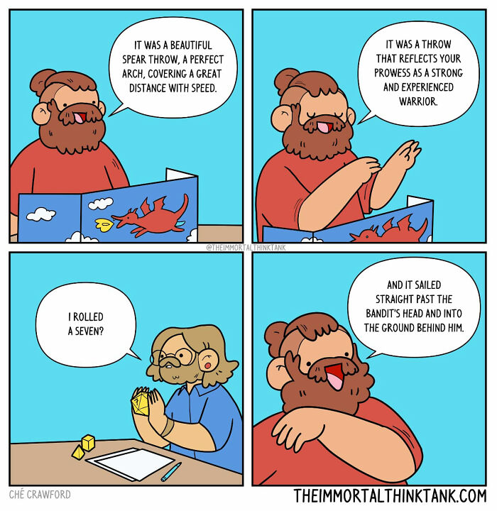 Comic by Ché Crawford depicting fantasy gaming humor with two characters discussing a spear throw action and a dice roll.