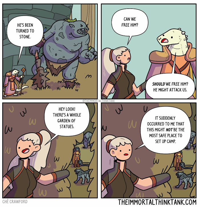 Comic strip by Ché Crawford about fantasy gaming, featuring characters discussing a stone giant and statues.