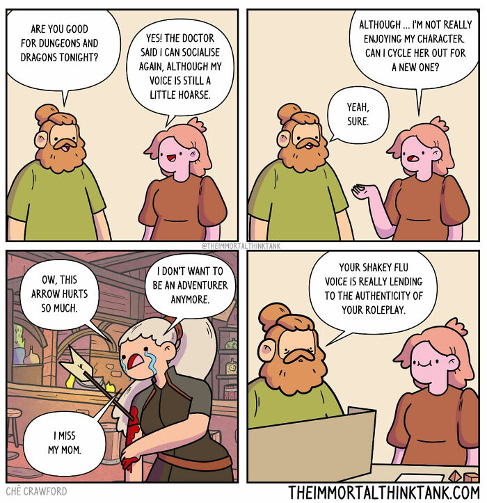 Comic by Ché Crawford depicting humorous conversation about fantasy gaming and everyday life.