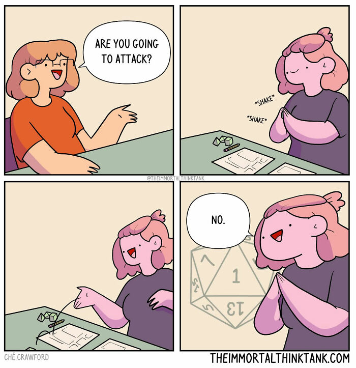 Comic by Ché Crawford showing a humorous fantasy gaming session with a player choosing not to attack.
