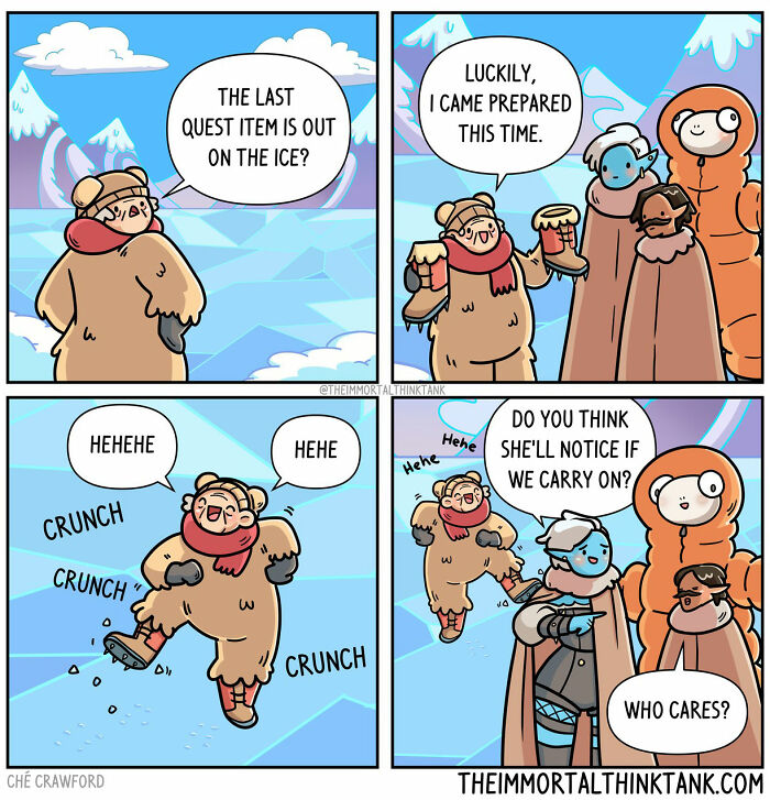 Fantasy gaming comic by Ché Crawford: characters question quest item while crossing ice, showcasing humorous everyday life moments.