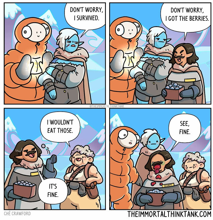 Fantasy gaming comic by Ché Crawford: characters discuss berries in a snowy setting, highlighting humor in everyday life.