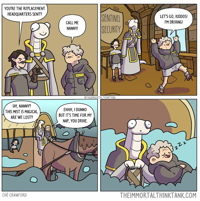 Fantasy gaming comic by Ché Crawford showing a comical adventure with a whimsical nanny and magical security team.