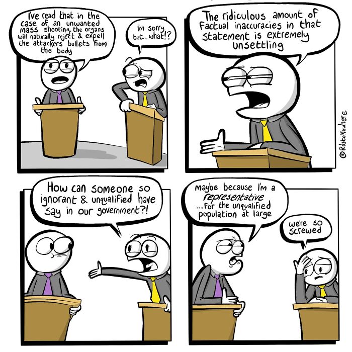 Comic by artist Ryan Rds depicting a humorous political debate with two characters at podiums discussing qualifications.