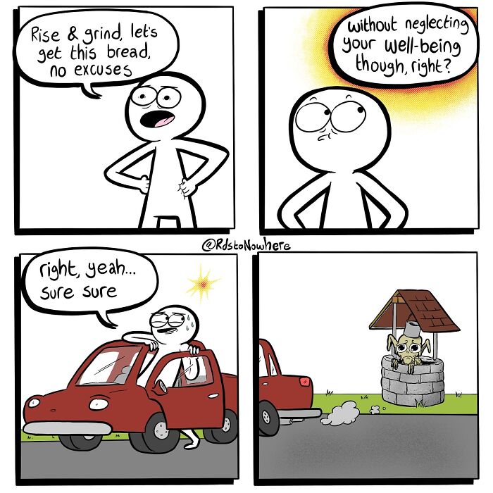 Comic strip by Ryan Rds showing a character advocating work without neglecting well-being, featuring a comical twist.