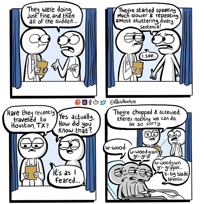 Comic by Ryan Rds with a twist; characters discuss peculiar speech patterns, referencing Houston, TX, and chopped & screwed style.