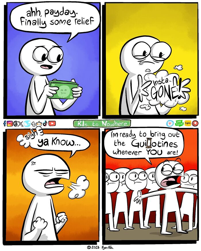 Comic by artist Ryan Rds, featuring a character reflecting on payday and frustration, with a humorous twist.