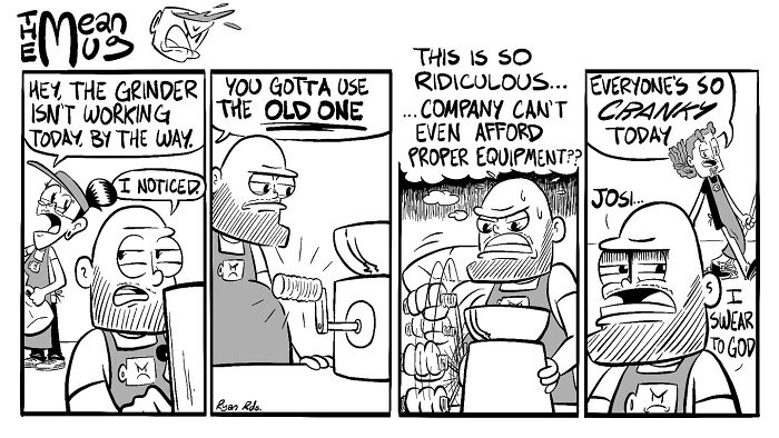 Comic strip by artist Ryan Rds showing a worker frustrated with broken equipment at work.