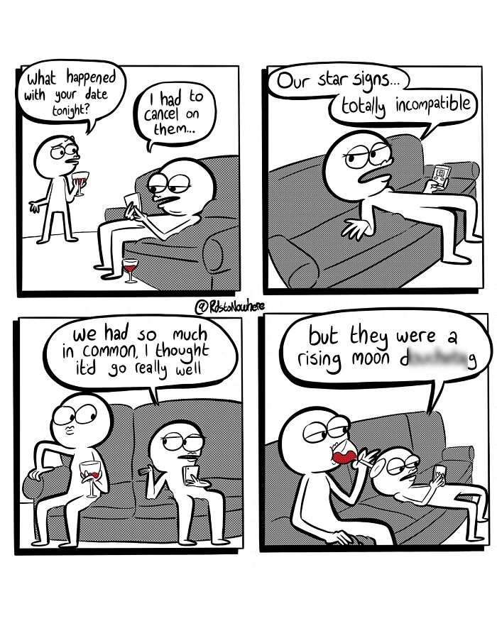 Comic strip by artist Ryan Rds featuring a humorous take on astrology and incompatible star signs.